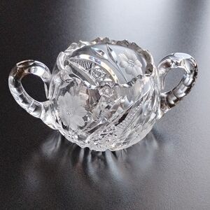 American Brilliant Period Cut Glass Sugar Bowl Floral Leaf Pattern Scalloped Rim